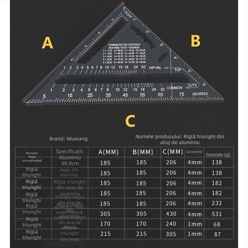 Riglă triunghiulară din aliaj de aluminiu și oțel inoxidabil, unealtă multifuncțională pentru tâmplărie, unghi drept de 45°, înaltă precizie