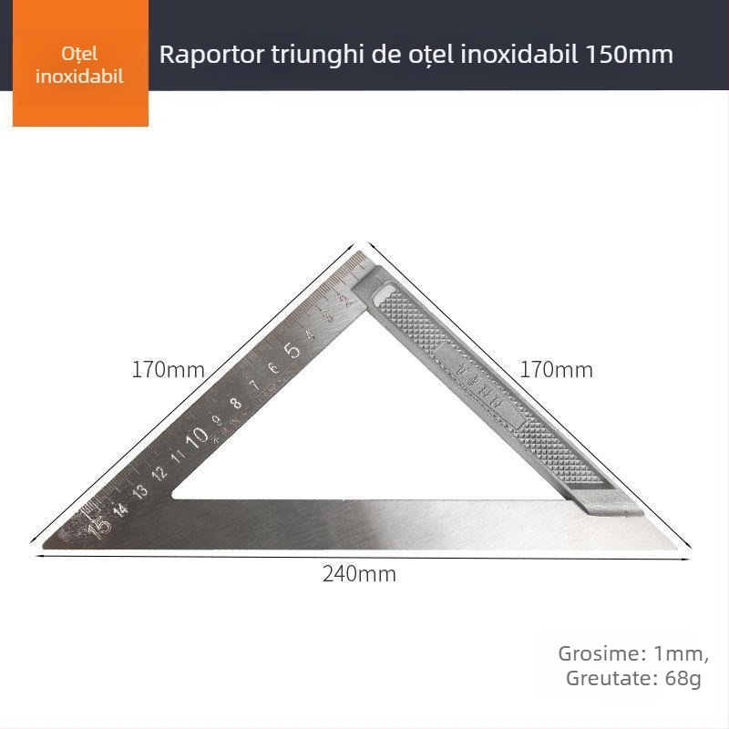 Riglă triunghiulară din aliaj de aluminiu și oțel inoxidabil, unealtă multifuncțională pentru tâmplărie, unghi drept de 45°, înaltă precizie