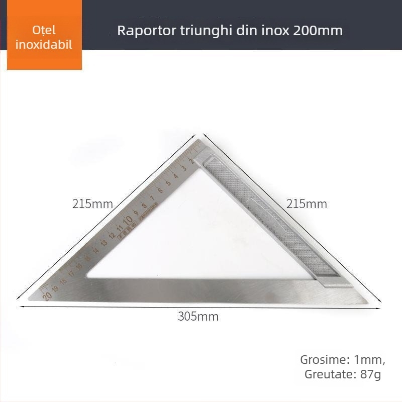 Riglă triunghiulară din aliaj de aluminiu și oțel inoxidabil, unealtă multifuncțională pentru tâmplărie, unghi drept de 45°, înaltă precizie