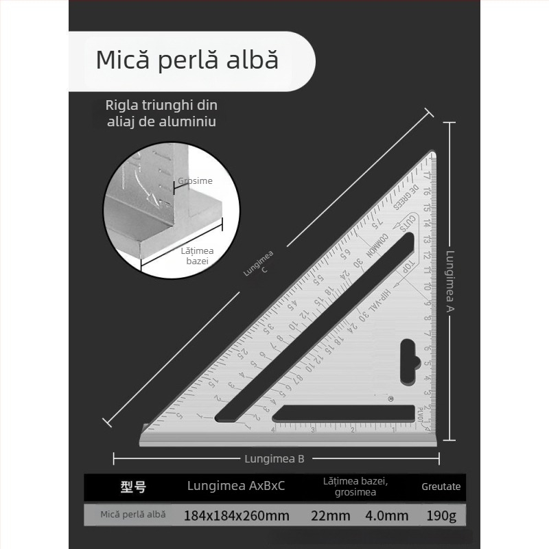 Riglă triunghiulară din aliaj de aluminiu și oțel inoxidabil, unealtă multifuncțională pentru tâmplărie, unghi drept de 45°, înaltă precizie
