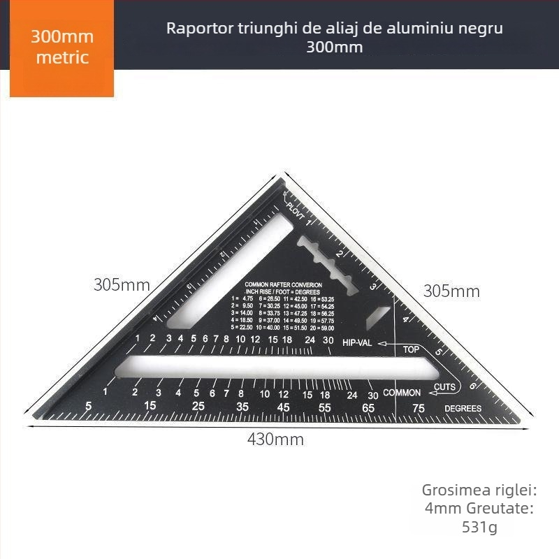 Riglă triunghiulară din aliaj de aluminiu și oțel inoxidabil, unealtă multifuncțională pentru tâmplărie, unghi drept de 45°, înaltă precizie