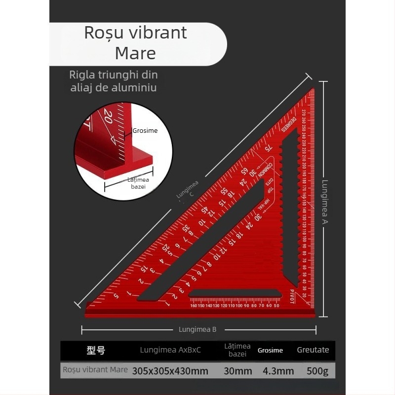 Riglă triunghiulară din aliaj de aluminiu și oțel inoxidabil, unealtă multifuncțională pentru tâmplărie, unghi drept de 45°, înaltă precizie