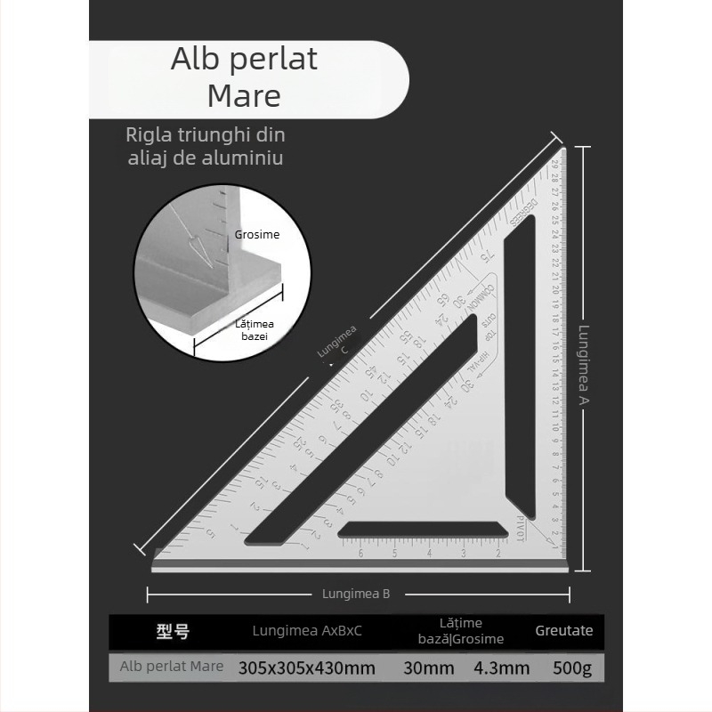 Riglă triunghiulară din aliaj de aluminiu și oțel inoxidabil, unealtă multifuncțională pentru tâmplărie, unghi drept de 45°, înaltă precizie