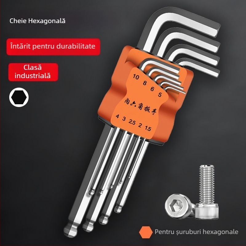 Set chei Allen cu cap hexagonal interior, în formă L, din oțel crom-molibden-vanadiu, zece bucăți, cu duritate înaltă