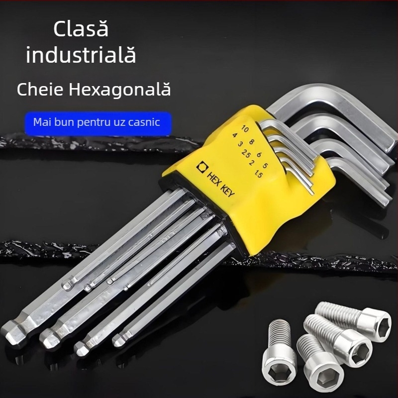 Set chei Allen cu cap hexagonal interior, în formă L, din oțel crom-molibden-vanadiu, zece bucăți, cu duritate înaltă