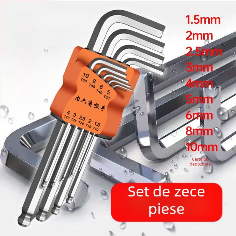 Set chei Allen cu cap hexagonal interior, în formă L, din oțel crom-molibden-vanadiu, zece bucăți, cu duritate înaltă