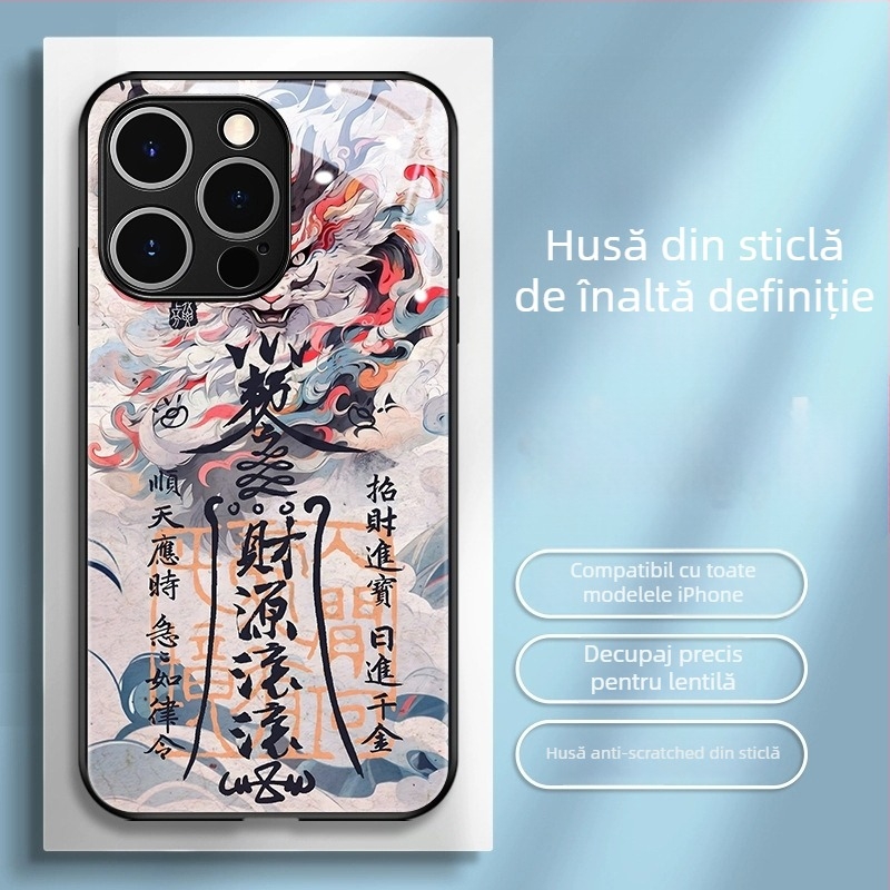 Carcasă de spate în stil chinezesc, TPU+ sticlă, finisaj pictat cu motiv Anul Dragonului, design în trend chinezesc, compatibilă cu iPhone 11–14 Pro/Max