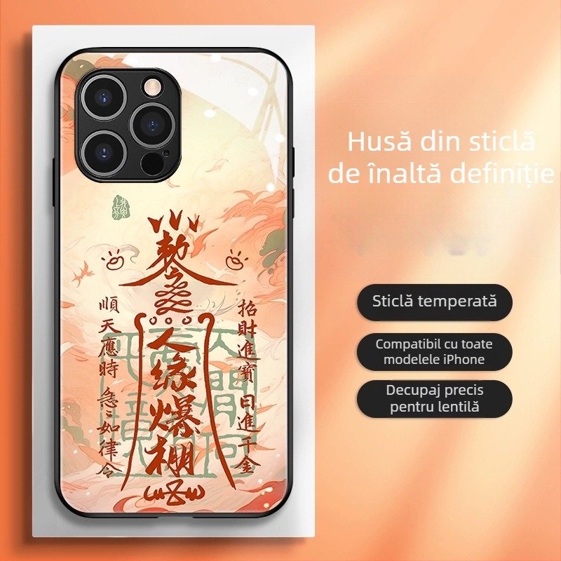 Carcasă de spate în stil chinezesc, TPU+ sticlă, finisaj pictat cu motiv Anul Dragonului, design în trend chinezesc, compatibilă cu iPhone 11–14 Pro/Max