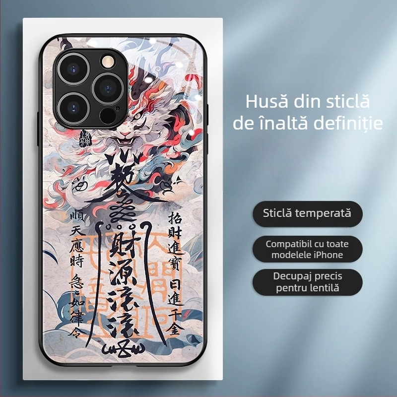 Carcasă de spate în stil chinezesc, TPU+ sticlă, finisaj pictat cu motiv Anul Dragonului, design în trend chinezesc, compatibilă cu iPhone 11–14 Pro/Max