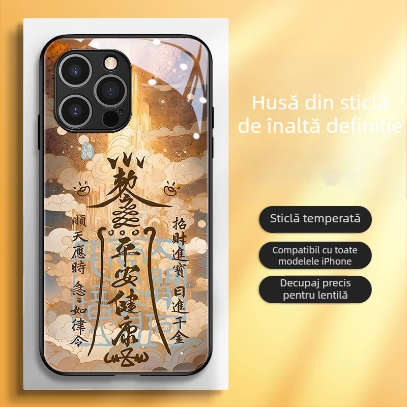 Carcasă de spate în stil chinezesc, TPU+ sticlă, finisaj pictat cu motiv Anul Dragonului, design în trend chinezesc, compatibilă cu iPhone 11–14 Pro/Max