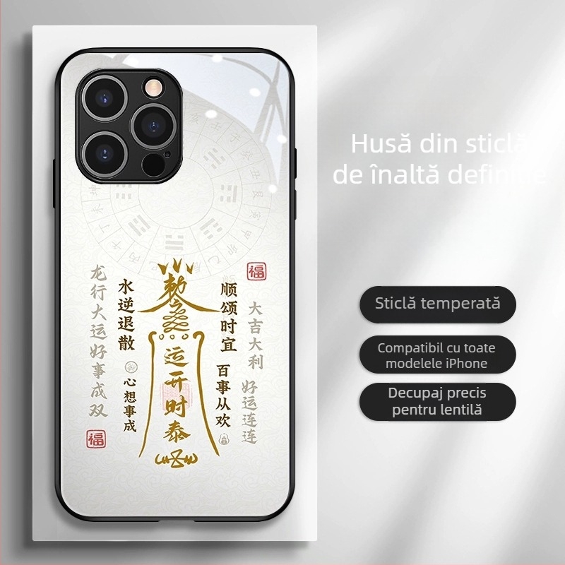 Carcasă de spate în stil chinezesc, TPU+ sticlă, finisaj pictat cu motiv Anul Dragonului, design în trend chinezesc, compatibilă cu iPhone 11–14 Pro/Max