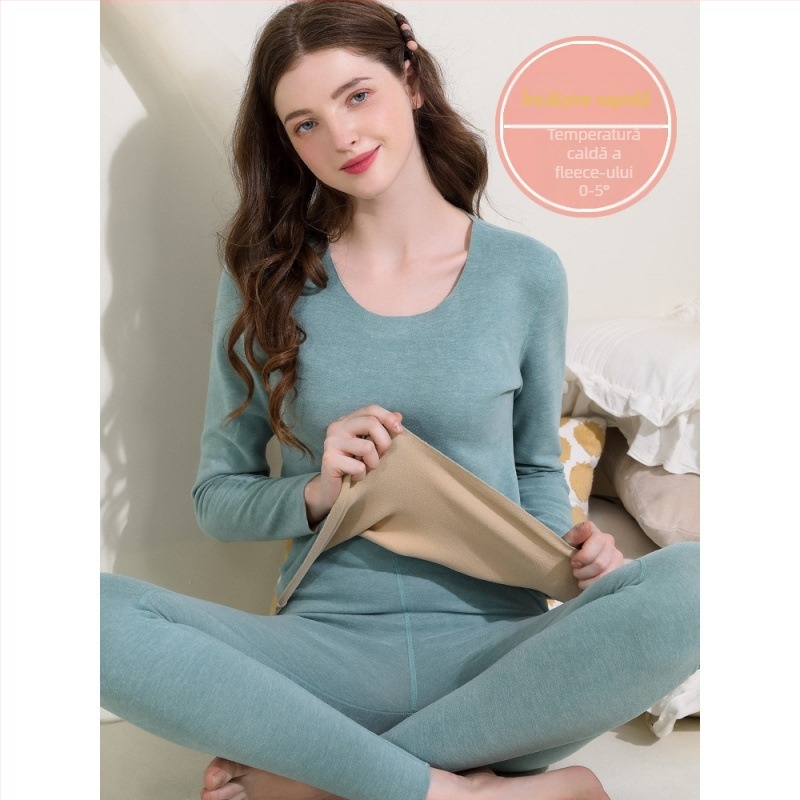 Set termic de lenjerie pentru bărbați și femei, fibră de încălzire, bază din bumbac, țesătură extra groasă 501–600 g/m², căptușeală de catifea, mâneci lungi