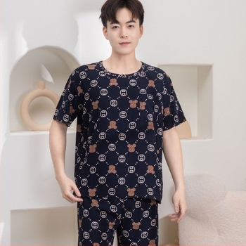 Set de pijamale din bumbac-satén pentru bărbați, top cu guler rotund și mâneci 3/4, pantaloni scurți, haine lejere pentru casă, vară 2025