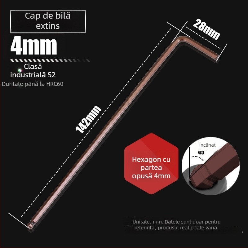 Cheie Allen cu cap balon din otel S2, in forma de L, prelungita, interior hexagonal 2,5 mm si 4 mm