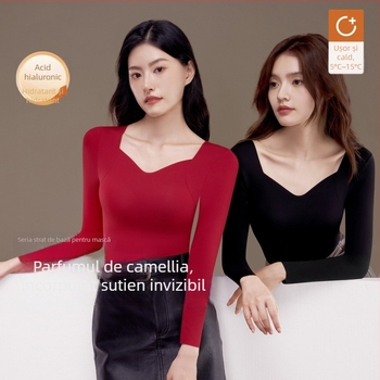 Top termic din nailon pentru femei, decolteu în V, mânecă lungă, culoare solidă, menține căldura