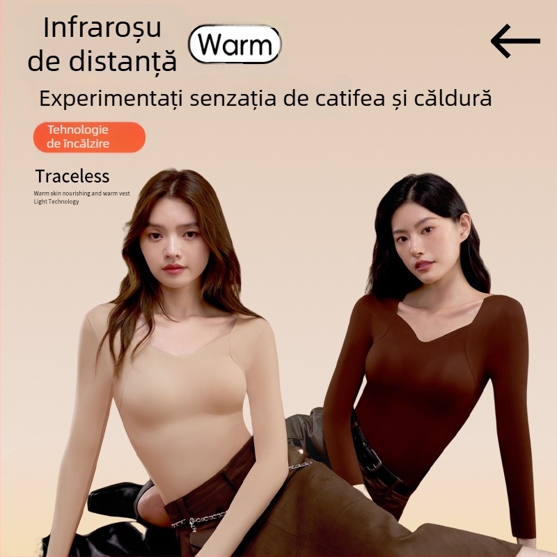 Top termic din nailon pentru femei, decolteu în V, mânecă lungă, culoare solidă, menține căldura