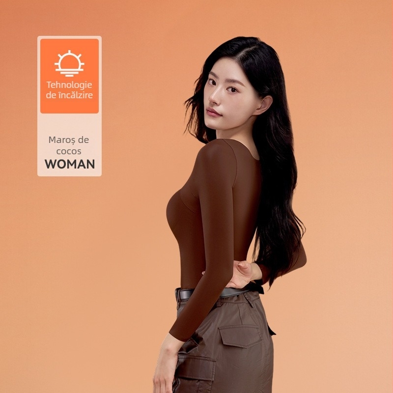 Top termic din nailon pentru femei, decolteu în V, mânecă lungă, culoare solidă, menține căldura