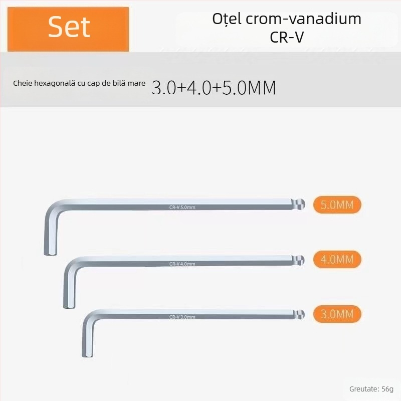 Set de chei hexagonale cu interior hexagonal, capă în formă de L cu cap rotund