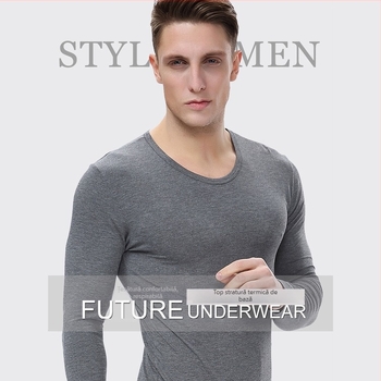 Tricou interior bărbătesc din modal, mâneci lungi, guler rotund, culoare solidă, 95% modal, greutate 181-200 g/m2