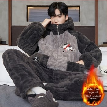 Pijamale bărbați – trei straturi quilted, fleece gros, guler rotund, mâneci lungi, stil desen animat