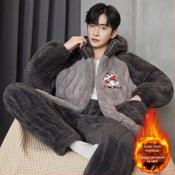 Pijamale bărbați – trei straturi quilted, fleece gros, guler rotund, mâneci lungi, stil desen animat
