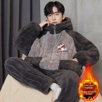 Pijamale bărbați – trei straturi quilted, fleece gros, guler rotund, mâneci lungi, stil desen animat