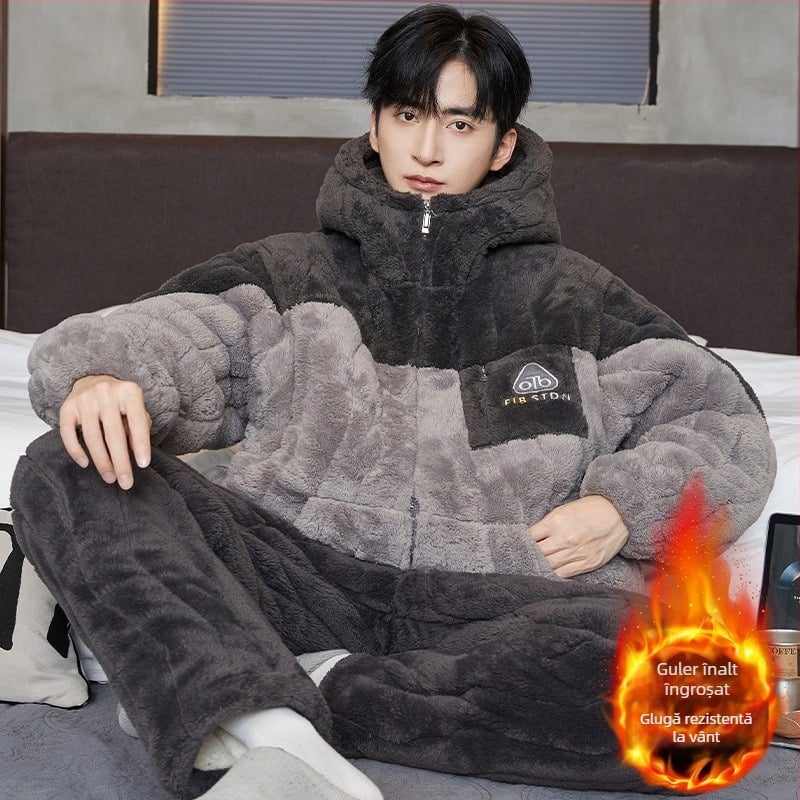 Pijamale bărbați – trei straturi quilted, fleece gros, guler rotund, mâneci lungi, stil desen animat