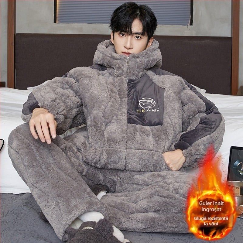 Pijamale bărbați – trei straturi quilted, fleece gros, guler rotund, mâneci lungi, stil desen animat