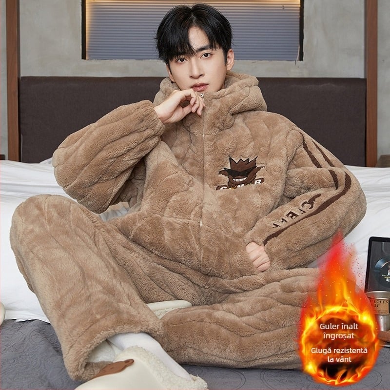 Pijamale bărbați – trei straturi quilted, fleece gros, guler rotund, mâneci lungi, stil desen animat