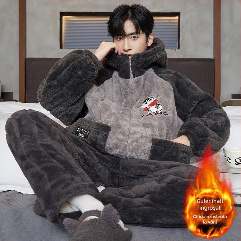 Pijamale bărbați – trei straturi quilted, fleece gros, guler rotund, mâneci lungi, stil desen animat