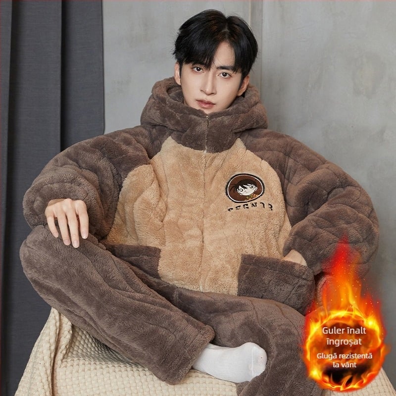 Pijamale bărbați – trei straturi quilted, fleece gros, guler rotund, mâneci lungi, stil desen animat
