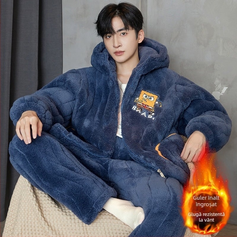 Pijamale bărbați – trei straturi quilted, fleece gros, guler rotund, mâneci lungi, stil desen animat