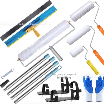 Set de unelte pentru nivelare ciment cu rolă de eliminare a bulelor, rolă anti-spumă și mistrie de nivelare — set de 5 piese, construcție metal/plastic, pentru uz casnic