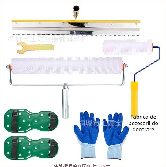 Set de unelte pentru nivelare ciment cu rolă de eliminare a bulelor, rolă anti-spumă și mistrie de nivelare — set de 5 piese, construcție metal/plastic, pentru uz casnic