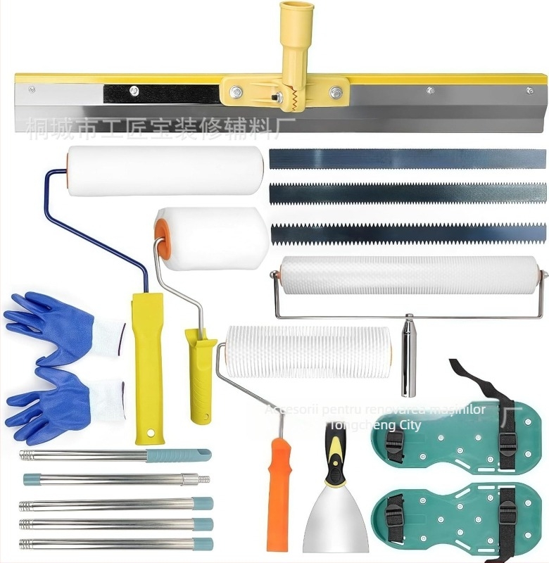 Set de unelte pentru nivelare ciment cu rolă de eliminare a bulelor, rolă anti-spumă și mistrie de nivelare — set de 5 piese, construcție metal/plastic, pentru uz casnic