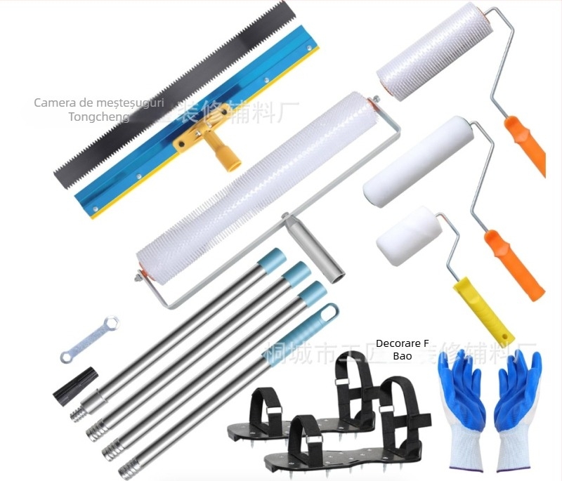 Set de unelte pentru nivelare ciment cu rolă de eliminare a bulelor, rolă anti-spumă și mistrie de nivelare — set de 5 piese, construcție metal/plastic, pentru uz casnic
