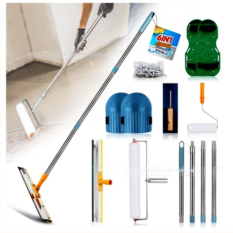 Set de unelte pentru nivelare ciment cu rolă de eliminare a bulelor, rolă anti-spumă și mistrie de nivelare — set de 5 piese, construcție metal/plastic, pentru uz casnic
