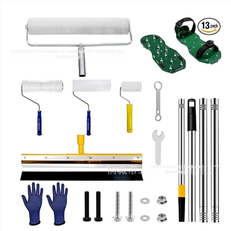 Set de unelte pentru nivelare ciment cu rolă de eliminare a bulelor, rolă anti-spumă și mistrie de nivelare — set de 5 piese, construcție metal/plastic, pentru uz casnic