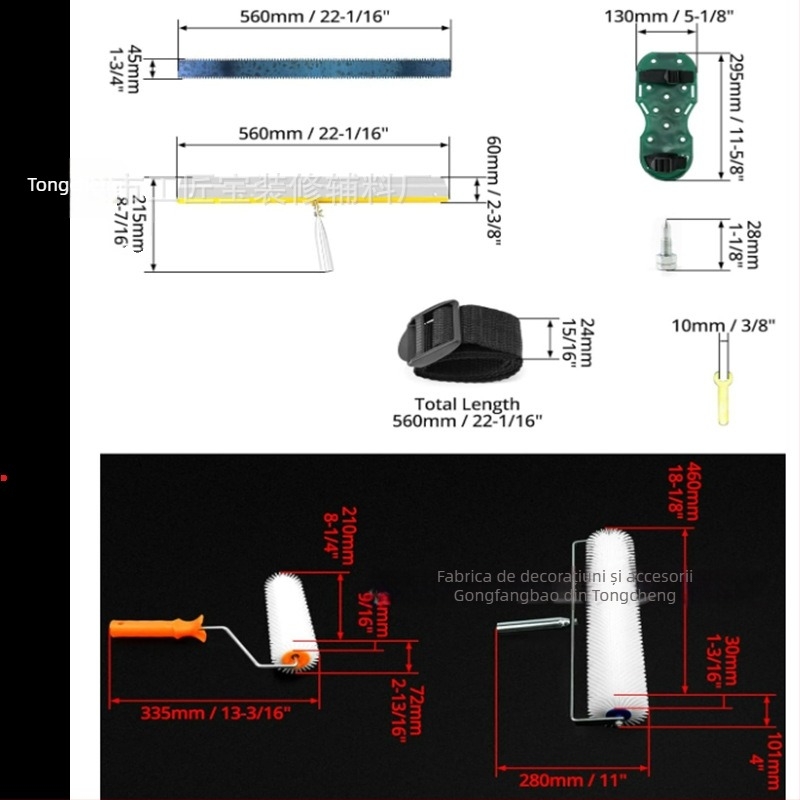 Set de unelte pentru nivelare ciment cu rolă de eliminare a bulelor, rolă anti-spumă și mistrie de nivelare — set de 5 piese, construcție metal/plastic, pentru uz casnic