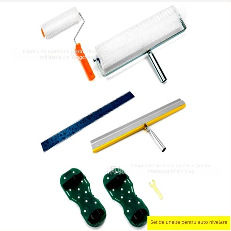 Set de unelte pentru nivelare ciment cu rolă de eliminare a bulelor, rolă anti-spumă și mistrie de nivelare — set de 5 piese, construcție metal/plastic, pentru uz casnic