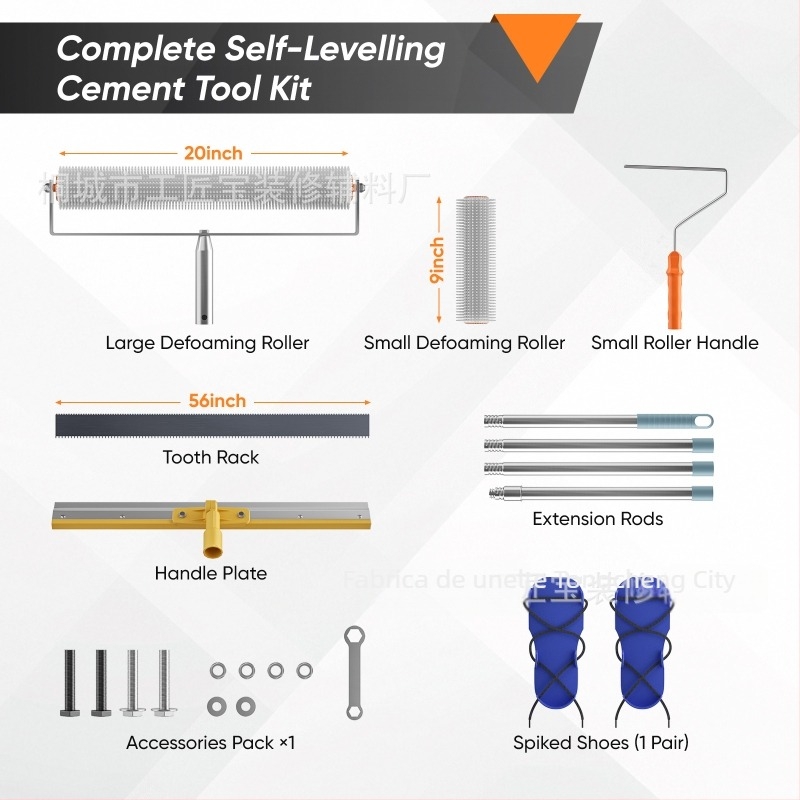 Set de unelte pentru nivelare ciment cu rolă de eliminare a bulelor, rolă anti-spumă și mistrie de nivelare — set de 5 piese, construcție metal/plastic, pentru uz casnic