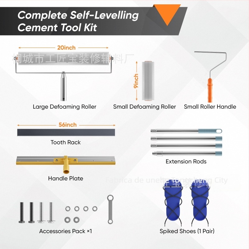 Set de unelte pentru nivelare ciment cu rolă de eliminare a bulelor, rolă anti-spumă și mistrie de nivelare — set de 5 piese, construcție metal/plastic, pentru uz casnic