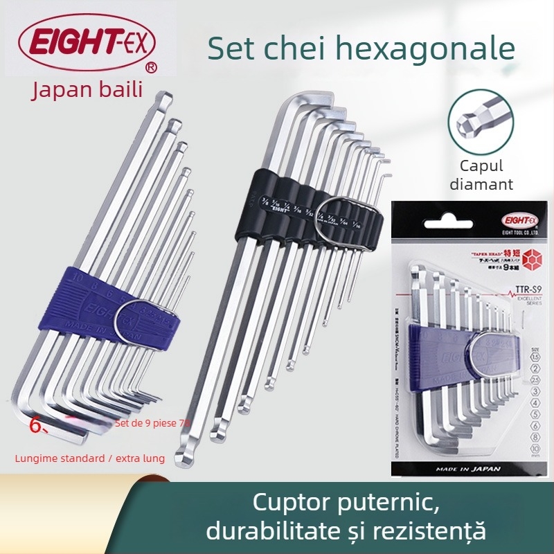 Bailey set de chei hexagonale interne, 8 piese, modele TTR-S7/TTR-S9, material SVCM+, placare electrolitică