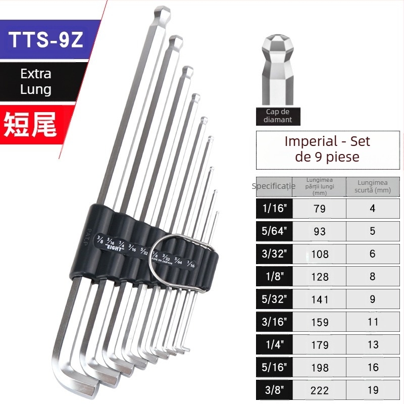 Bailey set de chei hexagonale interne, 8 piese, modele TTR-S7/TTR-S9, material SVCM+, placare electrolitică