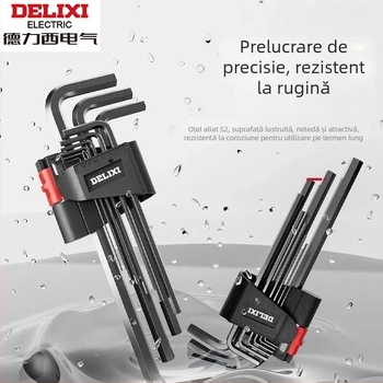 Delixi Set chei Allen, din aliaj, cap hexagonal interior, moment de cuplu înalt