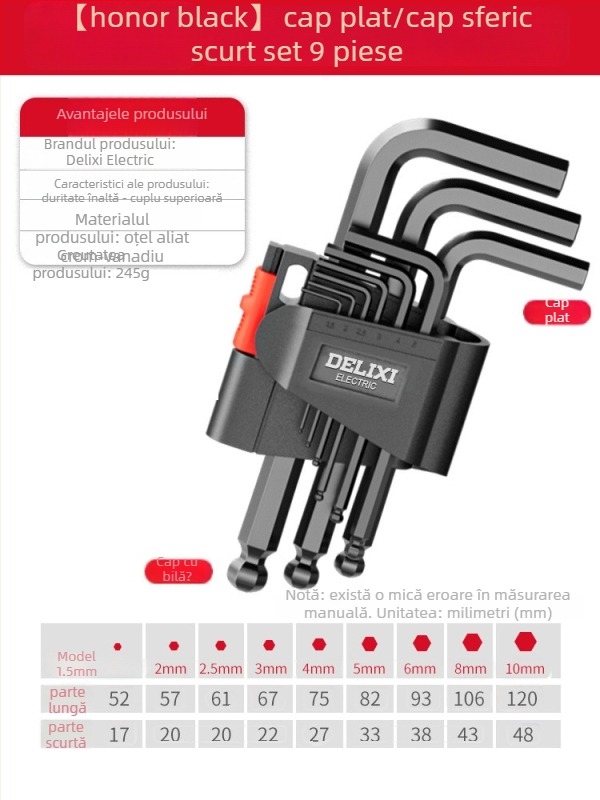 Delixi Set chei Allen, din aliaj, cap hexagonal interior, moment de cuplu înalt