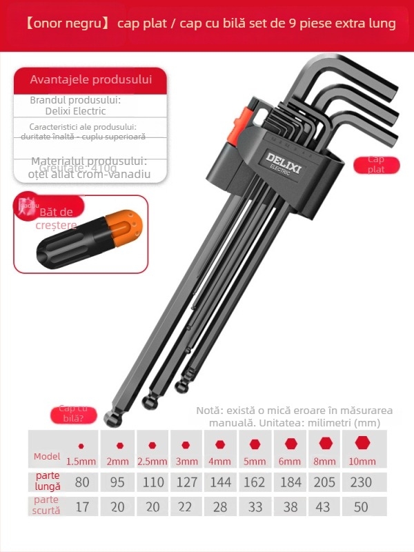 Delixi Set chei Allen, din aliaj, cap hexagonal interior, moment de cuplu înalt