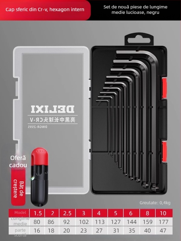 Delixi Set chei Allen, din aliaj, cap hexagonal interior, moment de cuplu înalt