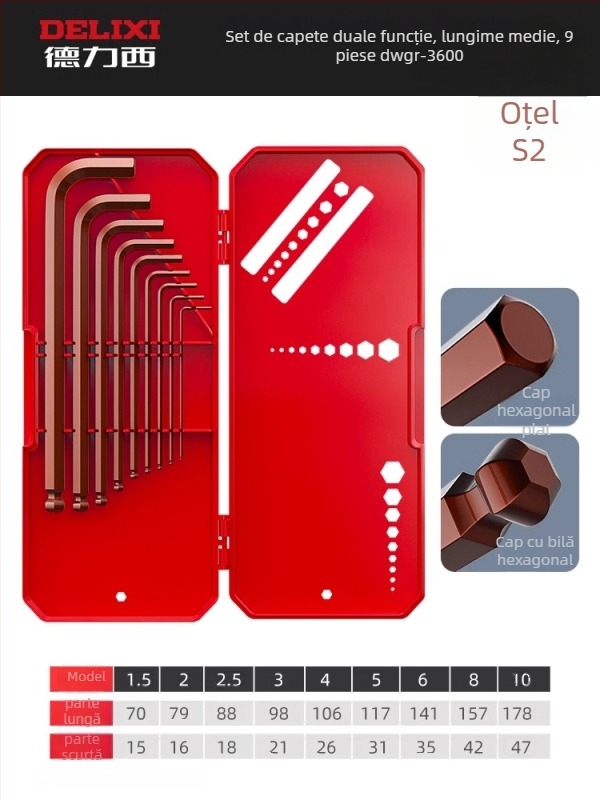 Delixi Set chei Allen, din aliaj, cap hexagonal interior, moment de cuplu înalt