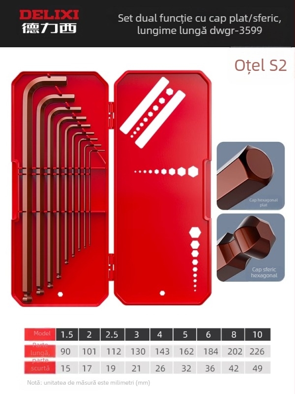 Delixi Set chei Allen, din aliaj, cap hexagonal interior, moment de cuplu înalt